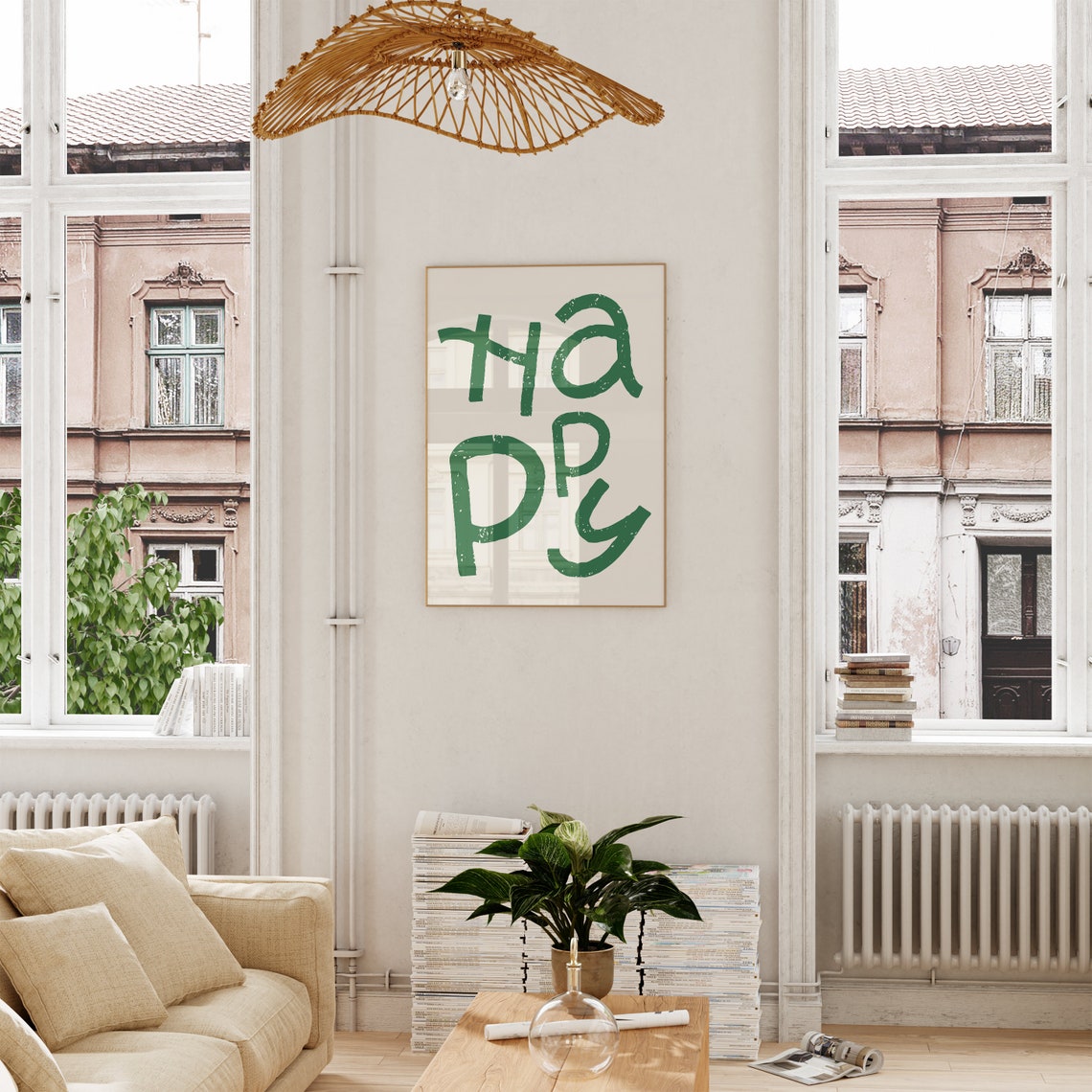 HAPPY Green Hand Lettered Typography Positive Quote Art Poster - Image 2