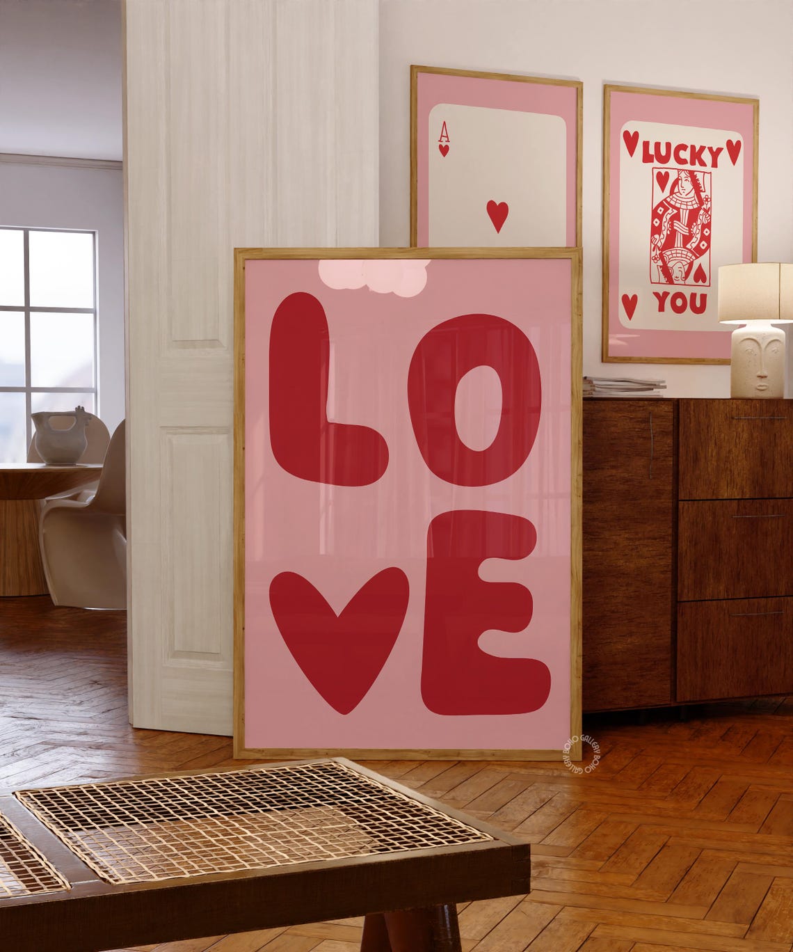 Red Pink LOVE Typography Heart Poster Retro Playful Style Decor