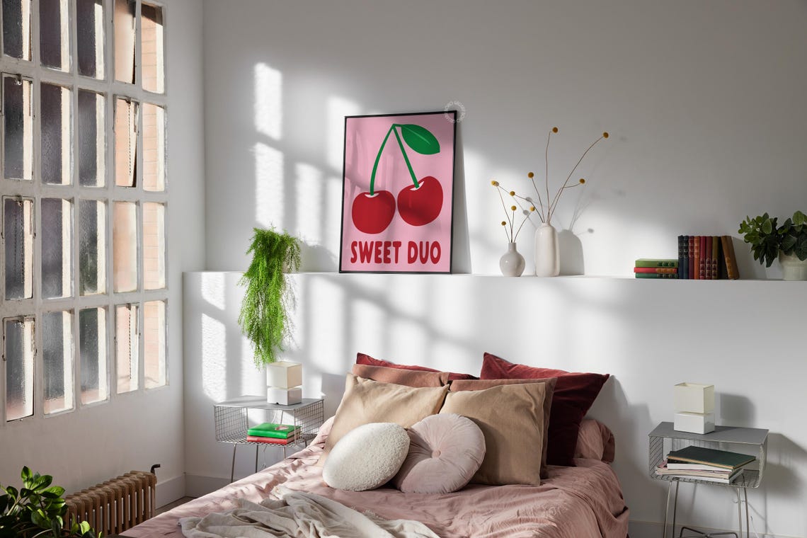 Sweet Duo Red Cherry Illustration Poster Pink Trendy Fruit Kitchen - Image 3