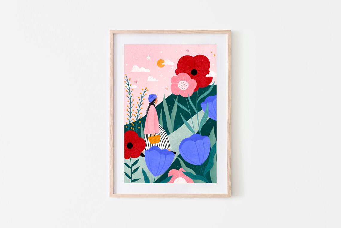 Flower Walk Floral Art Print, Whimsical Nature Poster