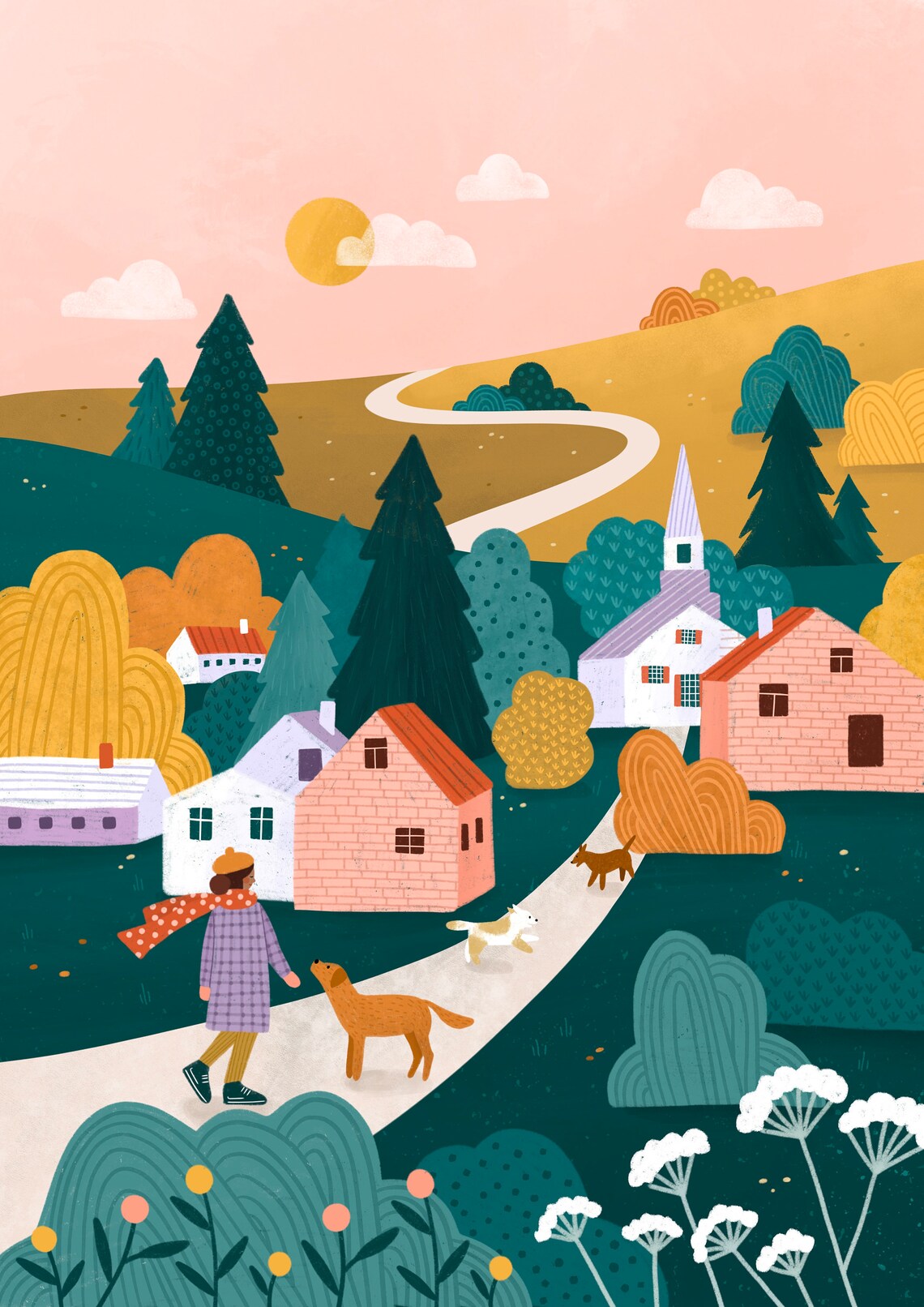Country Stroll Illustrated Art Print, Autumn Landscape - Image 3