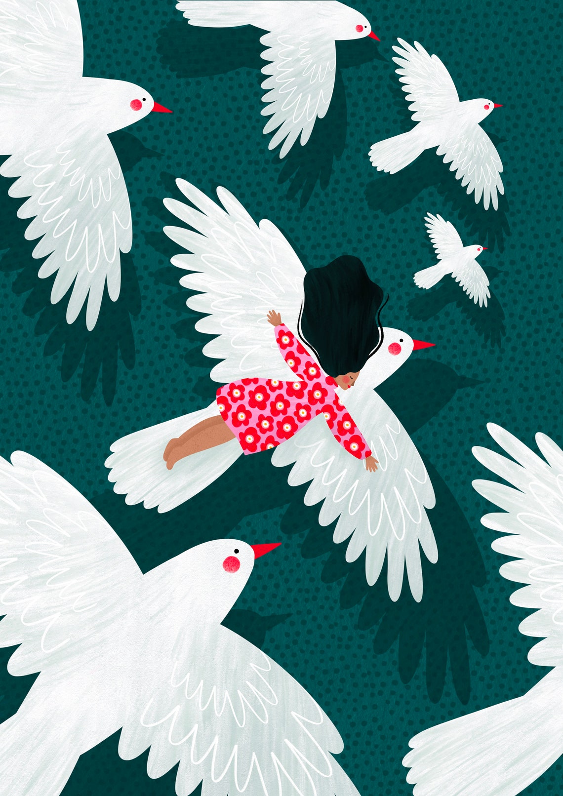 Girl Flying With White Doves Dreamy Freedom Illustration Poster - Image 3