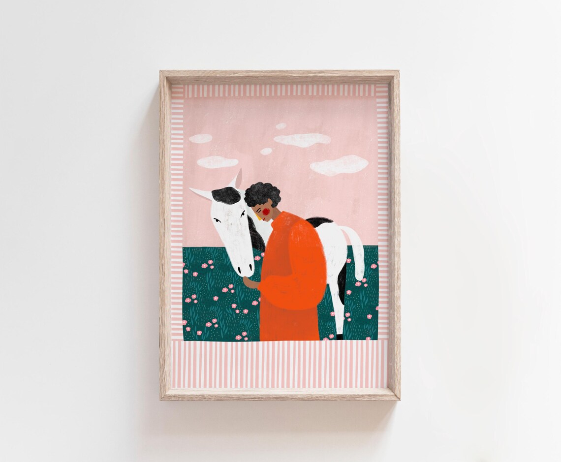 Girl With White Horse In Flower Meadow Countryside Illustration Poster