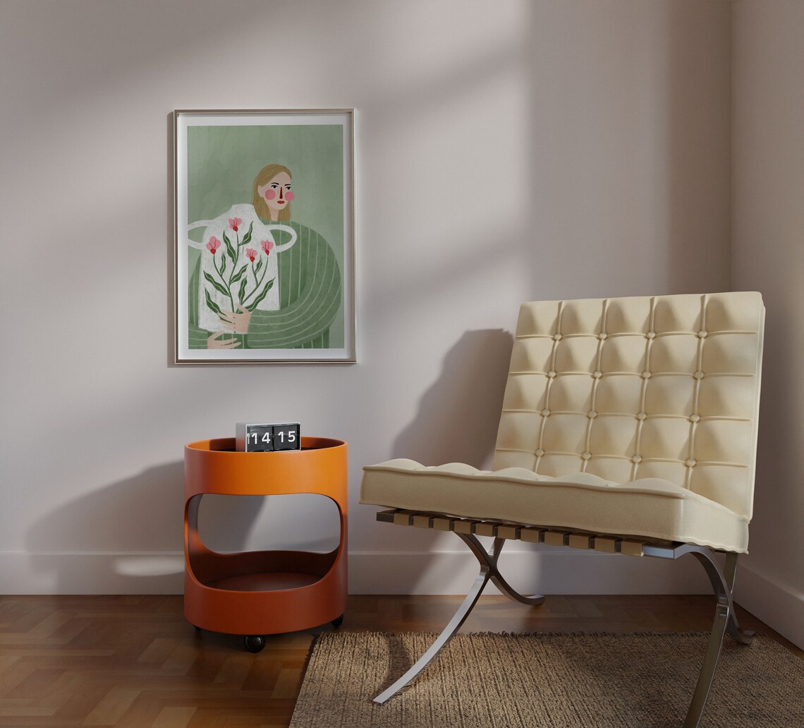 Woman With Flower Vase, Colorful Minimal Portrait Art - Image 4