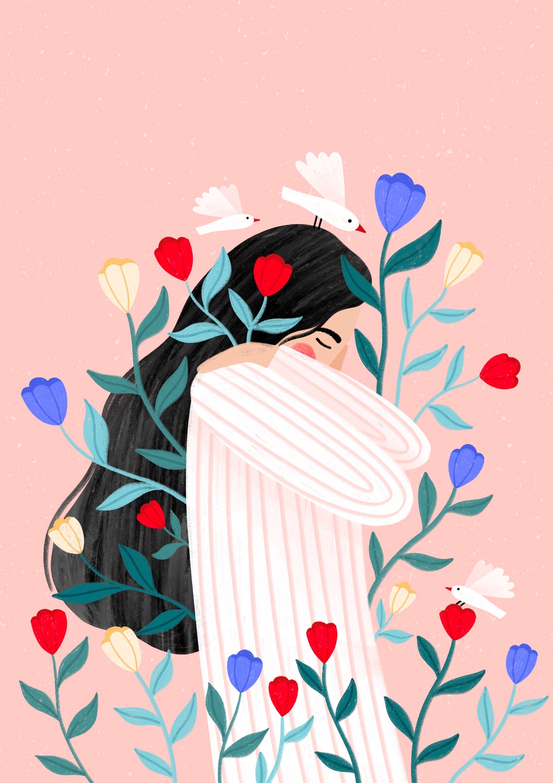 Woman Among Tulips Doves Pink Self Love Botanical Art Poster - Image 2