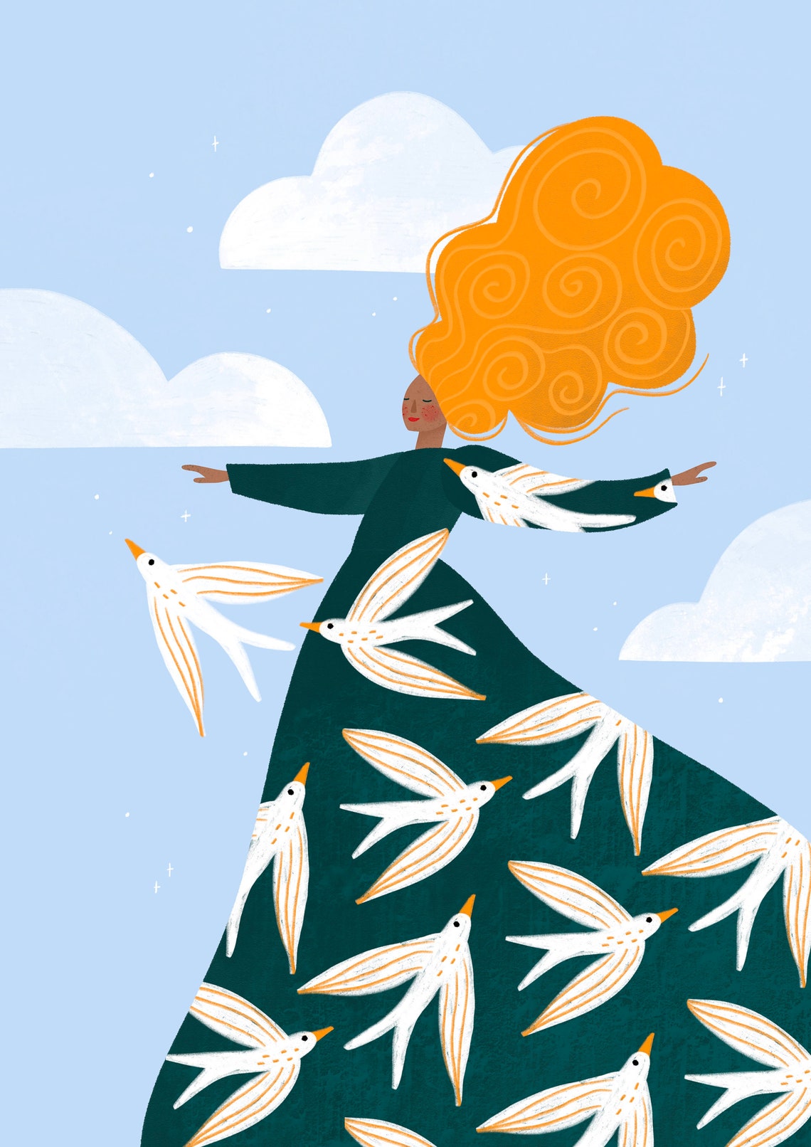 Free As A Bird Woman With Swallows Blue Sky Illustration Poster - Image 2