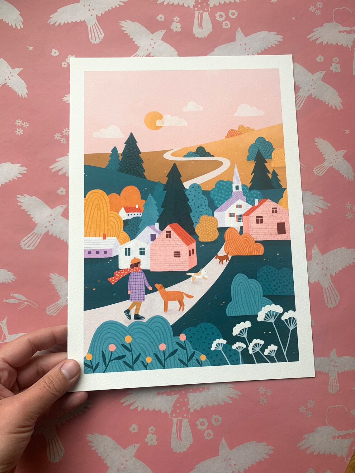 Country Stroll Illustrated Art Print, Autumn Landscape - Image 2