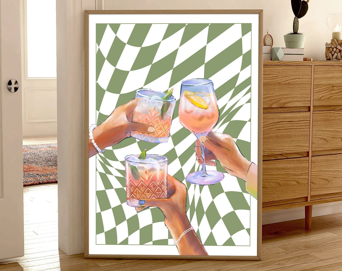Retro Cheers Cocktail Toast Wavy Green Checkerboard Bar Poster