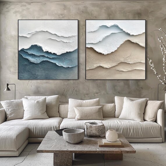 Minimalist Wave Pair Blue Grey Beige Wabi Sabi Style Art Poster