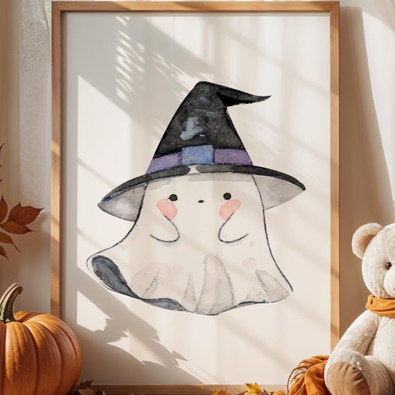 Watercolor Wall Art Witch Hat Halloween Print Cute Spooky Nursery Decor Minimal Fall Poster For Kids Room