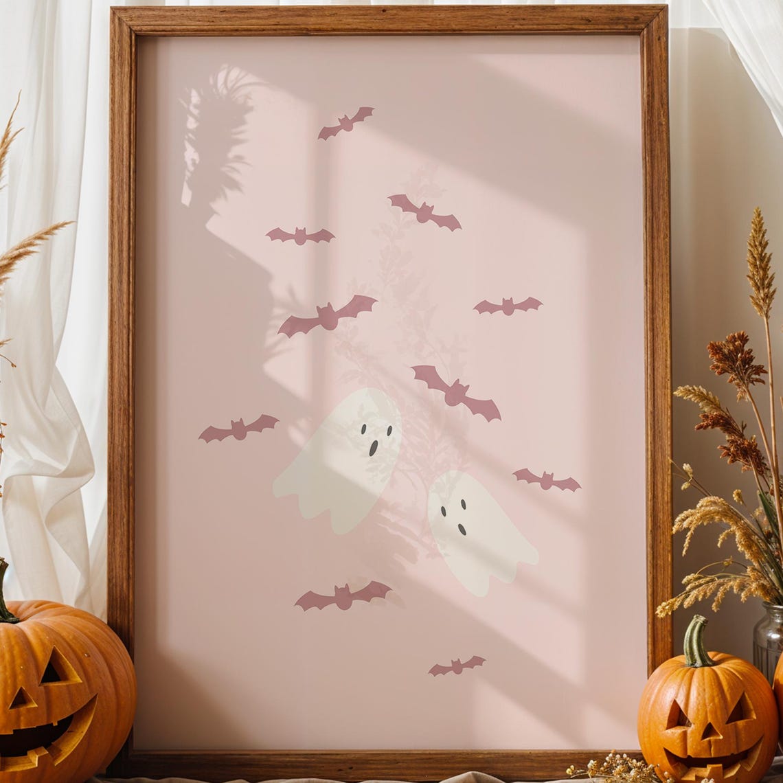 Cute Ghosts And Bats Pastel Pink Halloween Party Wall Poster
