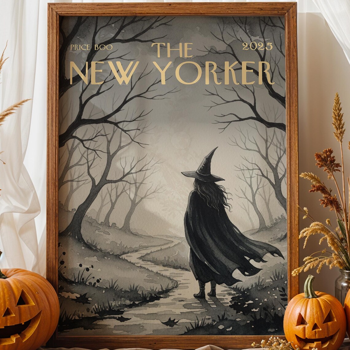Witch In Autumn Forest Watercolor Halloween Magazine Cover Print