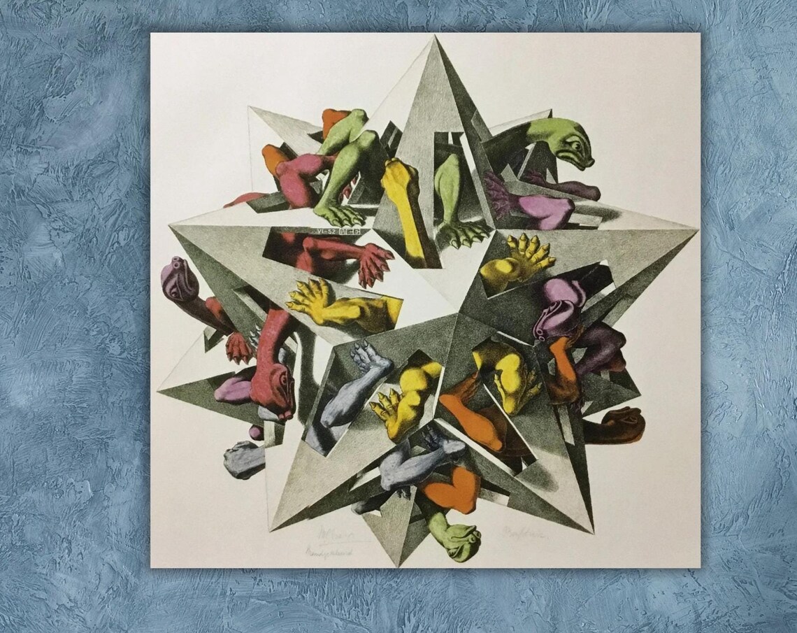 M C Escher Gravitation 1952 Color Polyhedron Turtle Optical Art Poster