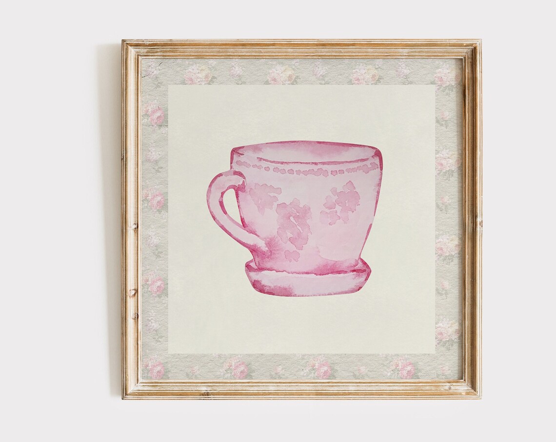 Pink Watercolor Teacup On Grey Floral Wallpaper Square Poster