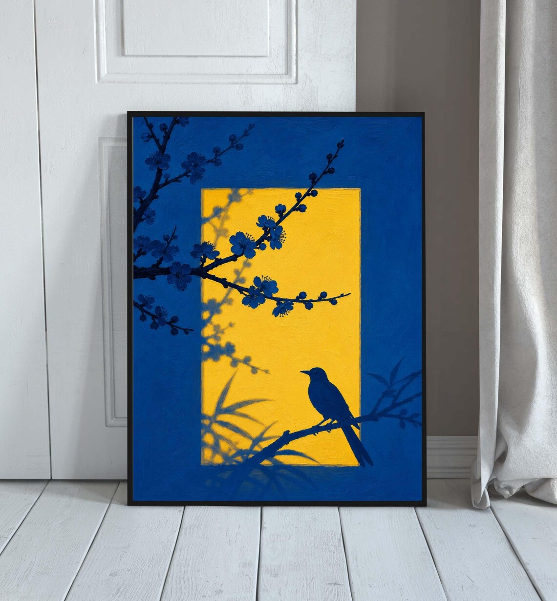 Blue Bird Japanese Cherry Blossom Modern Minimalist Wall Art