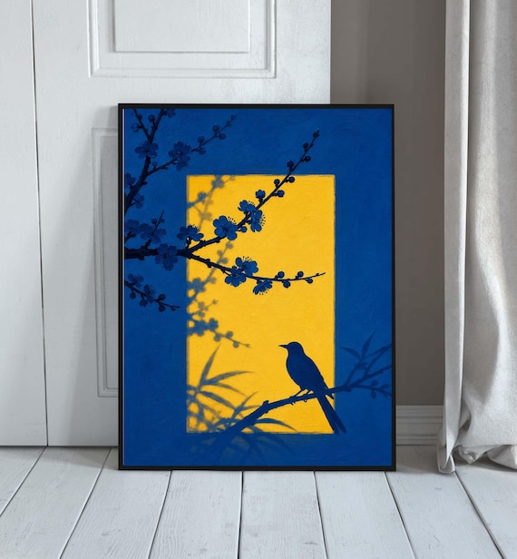 Blue Bird Wall Art Japanese Cherry Blossom Print Botanical Silhouette Decor Modern Minimalist Artwork Nature Poster