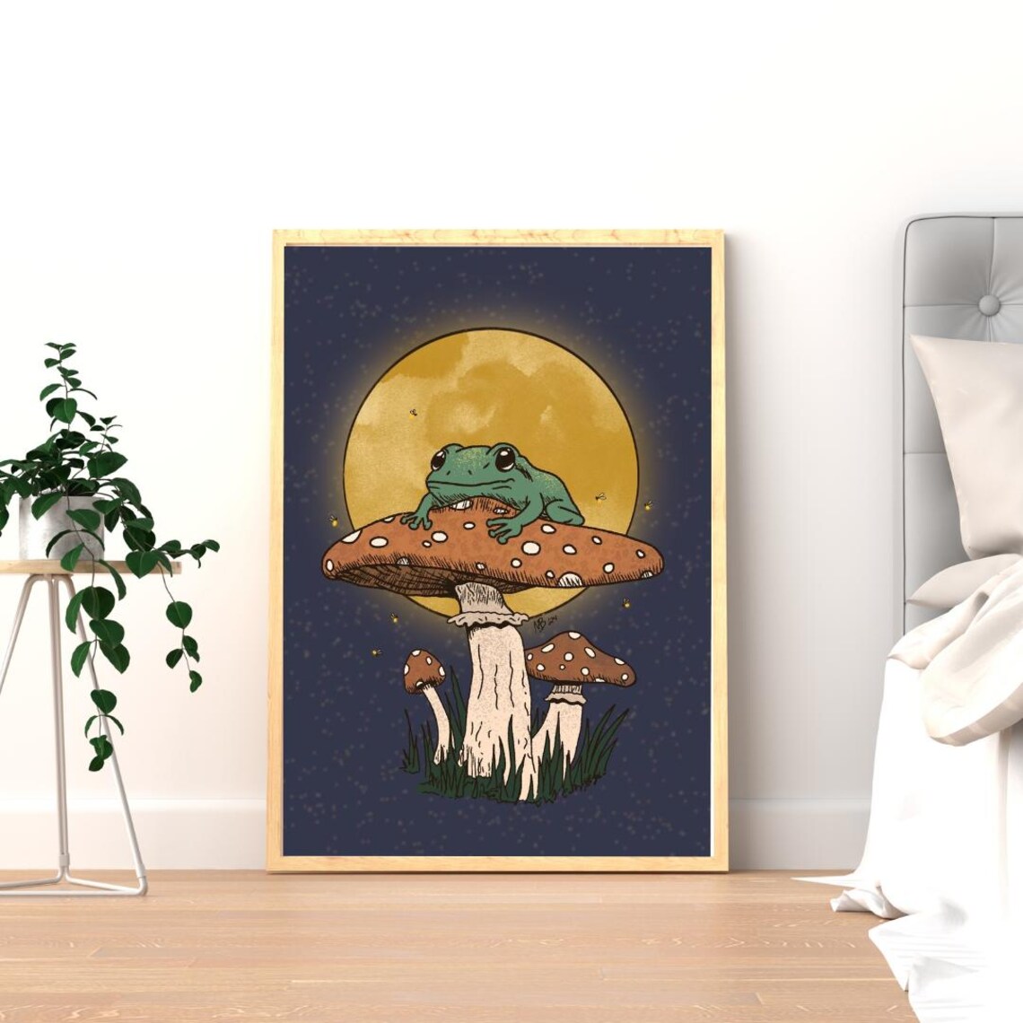Frog Mushroom Moon, Mystical Night Nature Poster