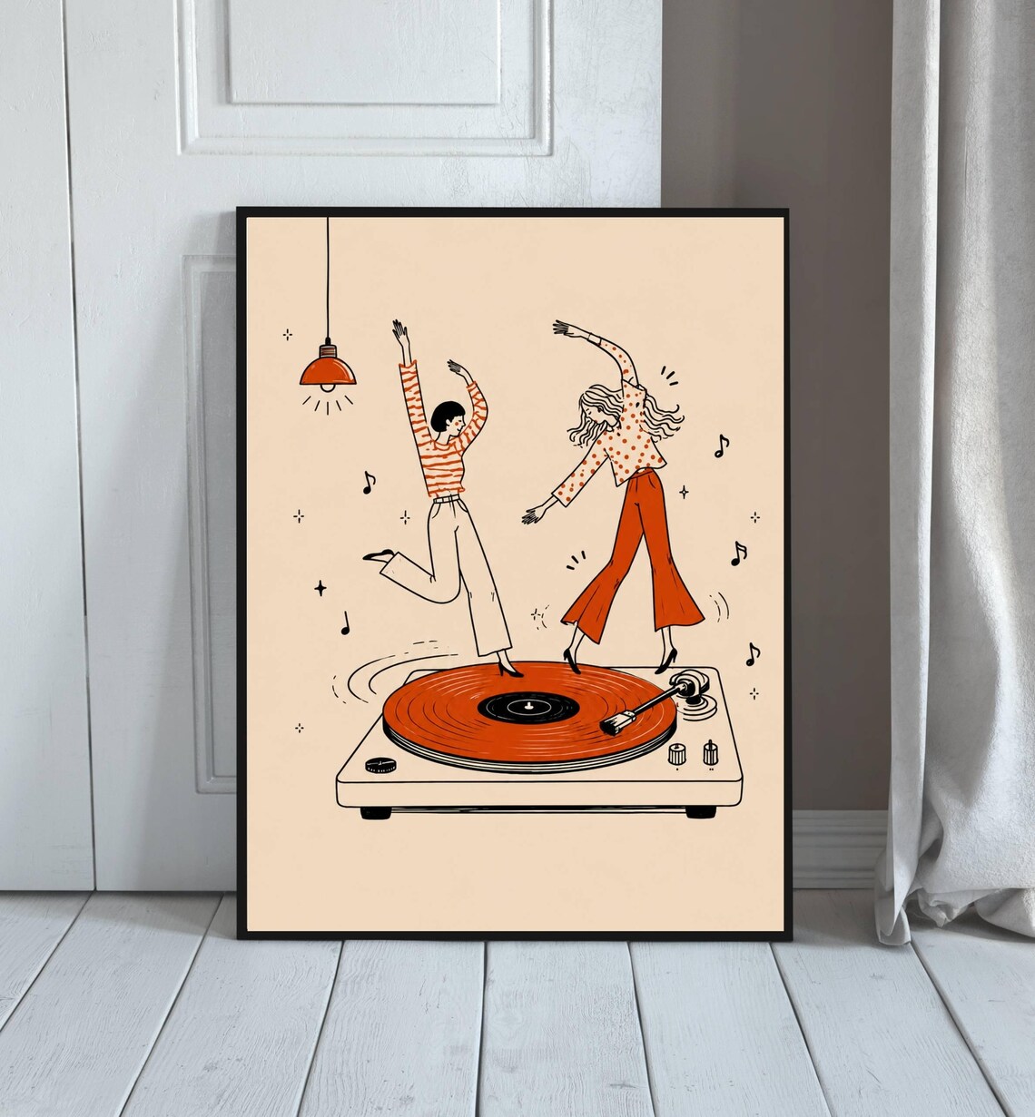 Retro Dancing Vinyl Record Poster, Minimalist Line Art