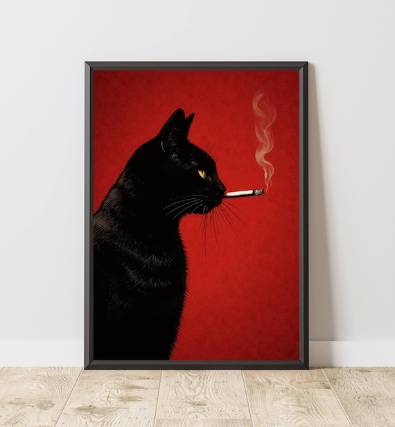 Quirky Black Cat Smoking Print Wall Art Surreal Animal Poster Red Background Modern Home Decor