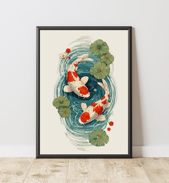 Minimalist Koi Fish Wall Art Printable Pond Japanese Decor Zen Water Lily Poster Feng Shui Asian Inspired Print