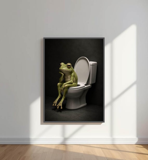 Funny Frog Wall Art Print Sitting On Toilet Whimsical Bathroom Decor Surreal Animal Poster Modern Humor