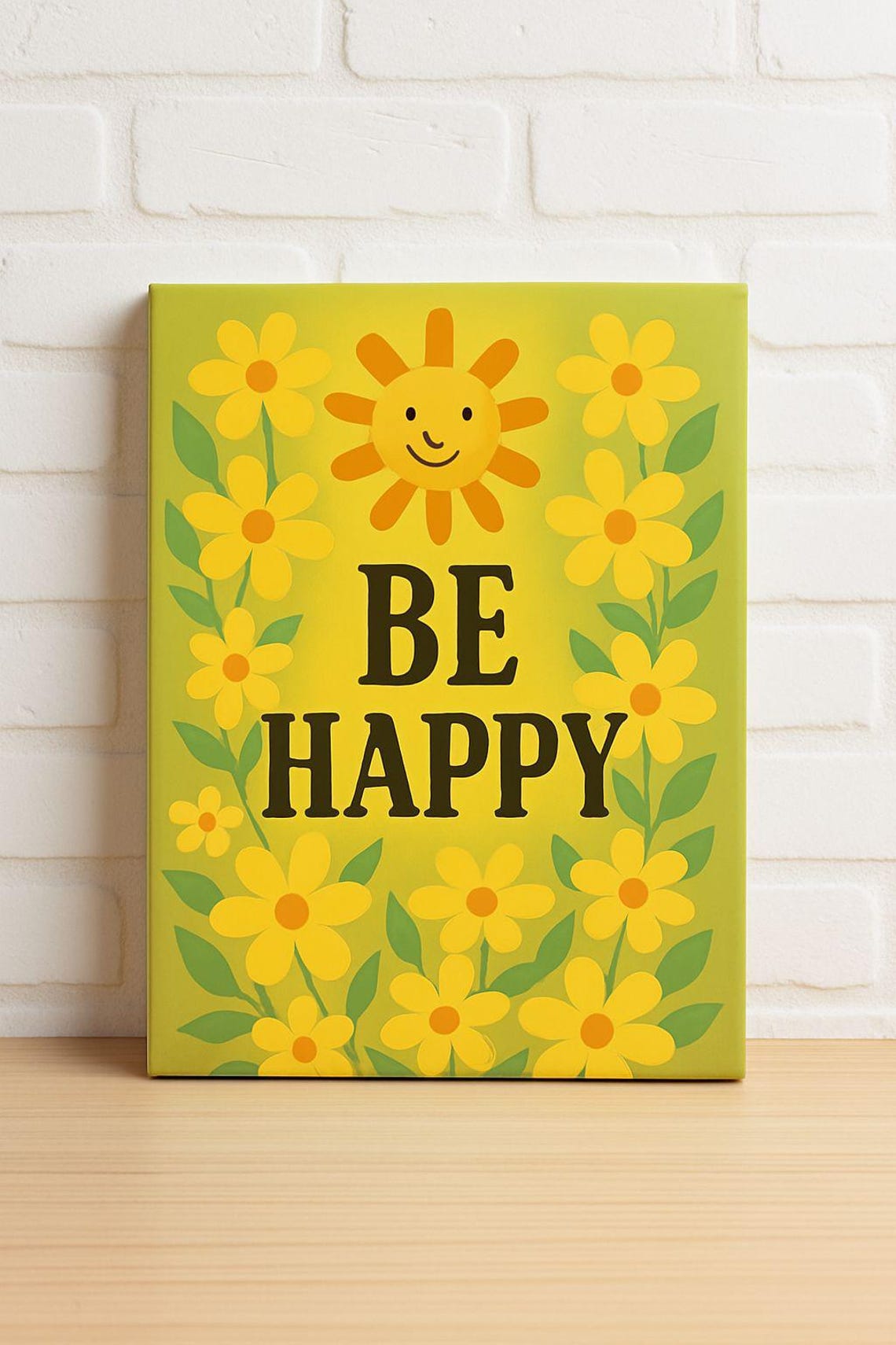Be Happy Smiling Sun Yellow Daisy Floral Cheerful Retro Quote Poster