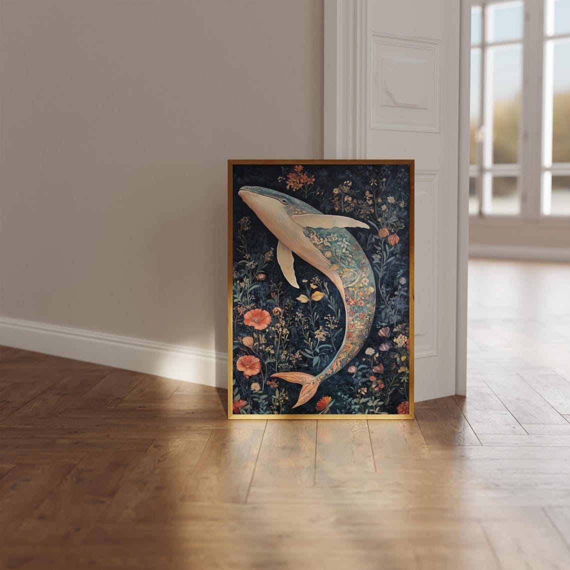 Whale Floral William Morris Inspired Moody Navy Ocean Art Poster - Image 2