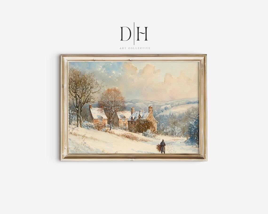 English Countryside Snowy Cottages Rolling Hills Winter Vintage Poster