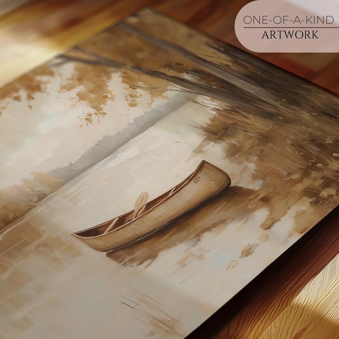 Wooden Canoe On Calm Autumn Lake Neutral Tones Serene Landscape Poster - Image 2