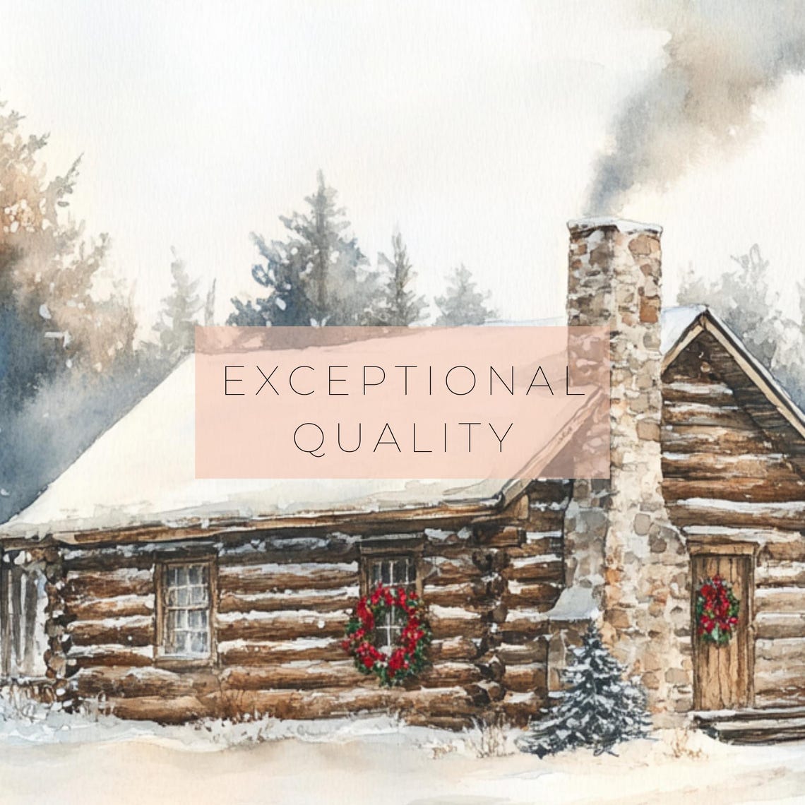 Log Cabin Snowy Forest Christmas Wreath Cozy Winter Watercolor Poster - Image 3
