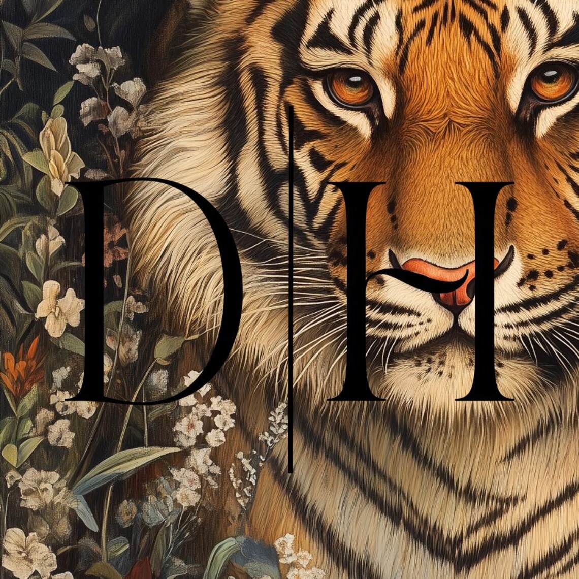 Majestic Tiger Face Portrait Colorful Wildflowers Dark Botanical Poster - Image 3