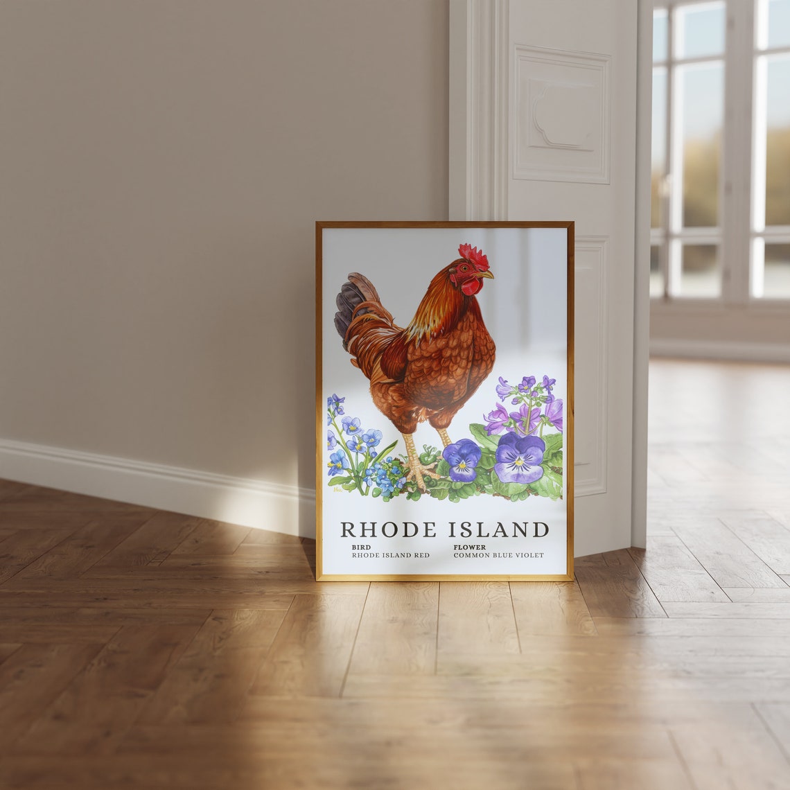 Rhode Island Red Common Blue Violet Bird and Flower Art Print - Image 3