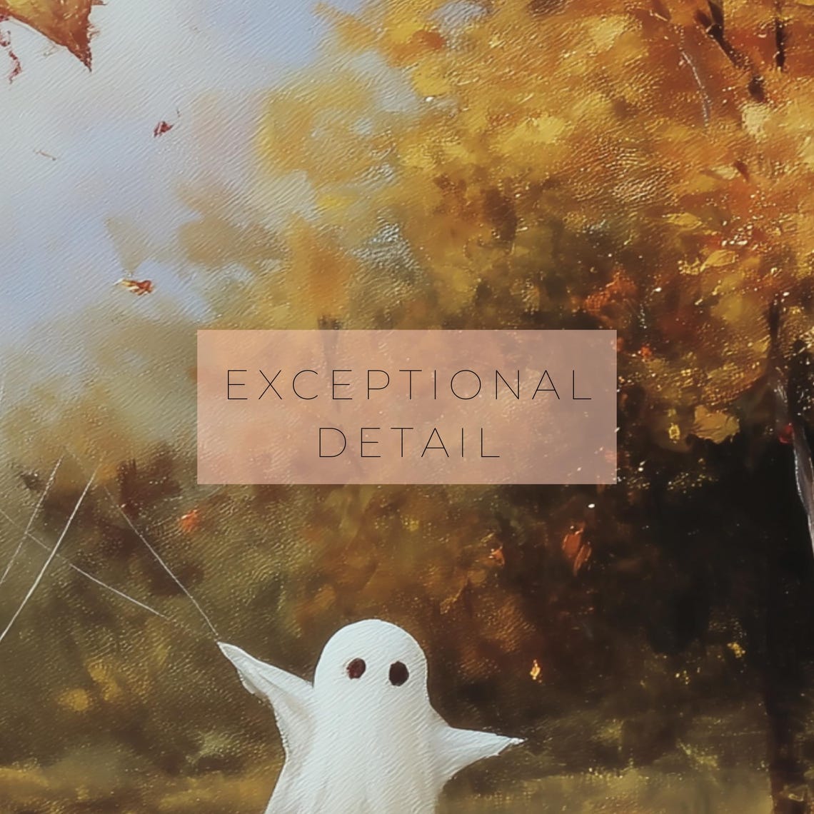 Two Cute Ghosts Flying Kite Art Vibrant Fall Pond Scenery Painting Autumn Authentic Art Print Fall Colors - Image 2