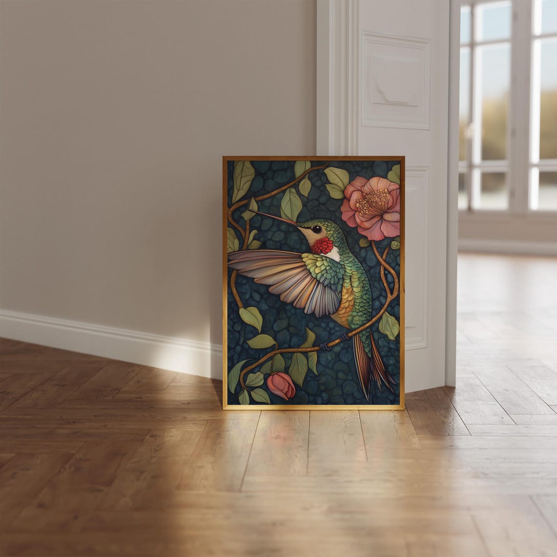 Ruby Throated Hummingbird Pink Camellia Dark Teal Mosaic Art Poster - Image 2