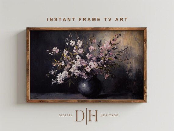 Frame Tv Art Purple Flowers Still Life Rustic Frame Tv Art Botanical Moody Oil Painting Botanical Spring Farmhouse Decor