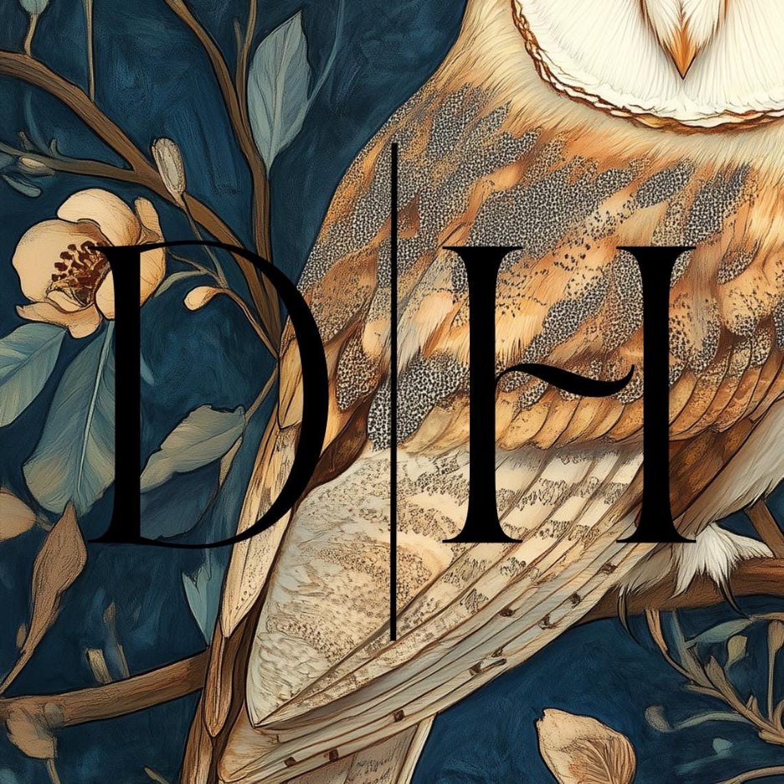 Barn Owl Perched On Branch Golden Blossoms Deep Teal Art Poster - Image 3