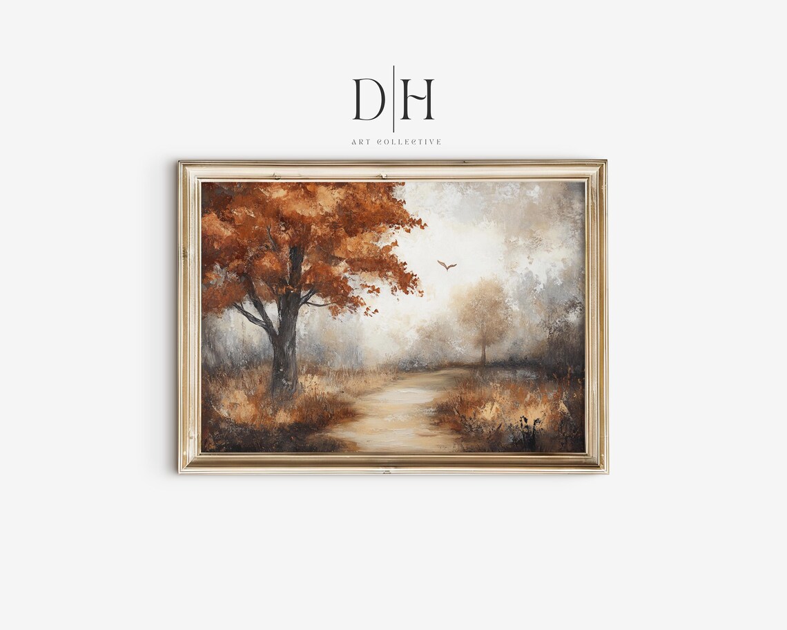 Antique Autumn Path Landscape, Tranquil Nature Scene