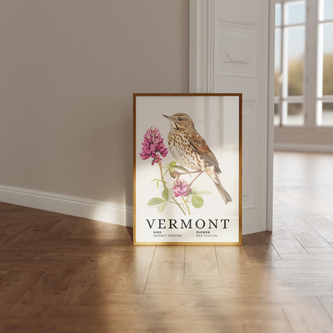 Vermont Hermit Thrush Red Clover Botanical Bird and Flower Art Print - Image 3
