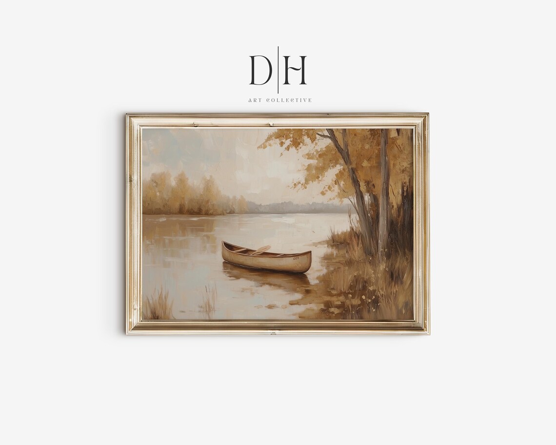 Wooden Canoe On Calm Autumn Lake Neutral Tones Serene Landscape Poster