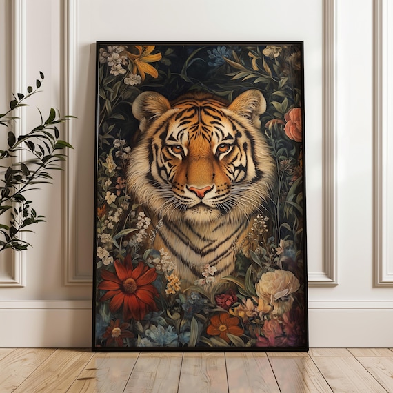 Majestic Tiger Face Portrait Colorful Wildflowers Dark Botanical Poster