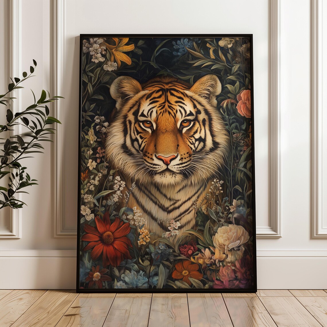 Majestic Tiger Face Portrait Colorful Wildflowers Dark Botanical Poster