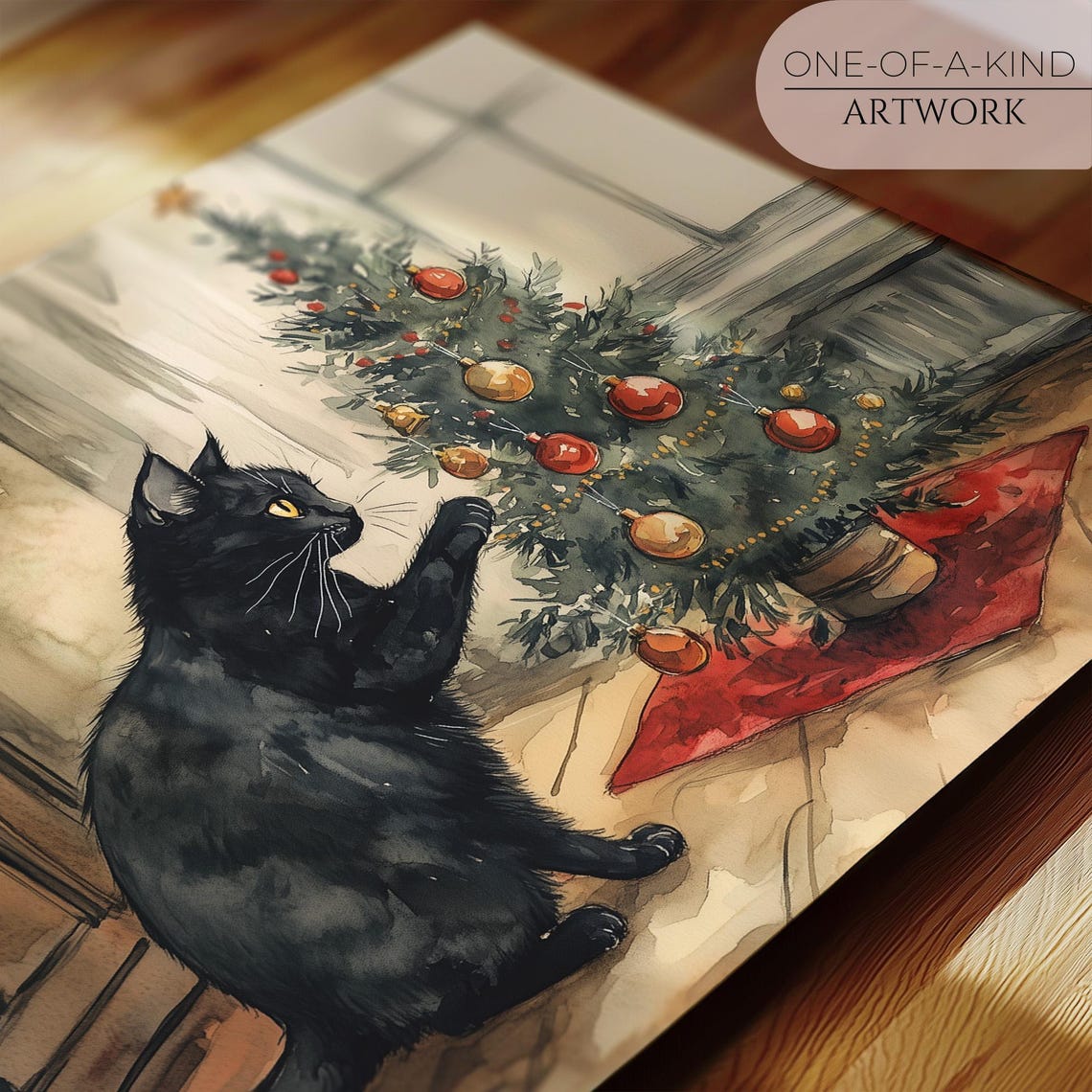Black Cat Playing With Christmas Tree Watercolor Holiday Pet Art Print - Image 2
