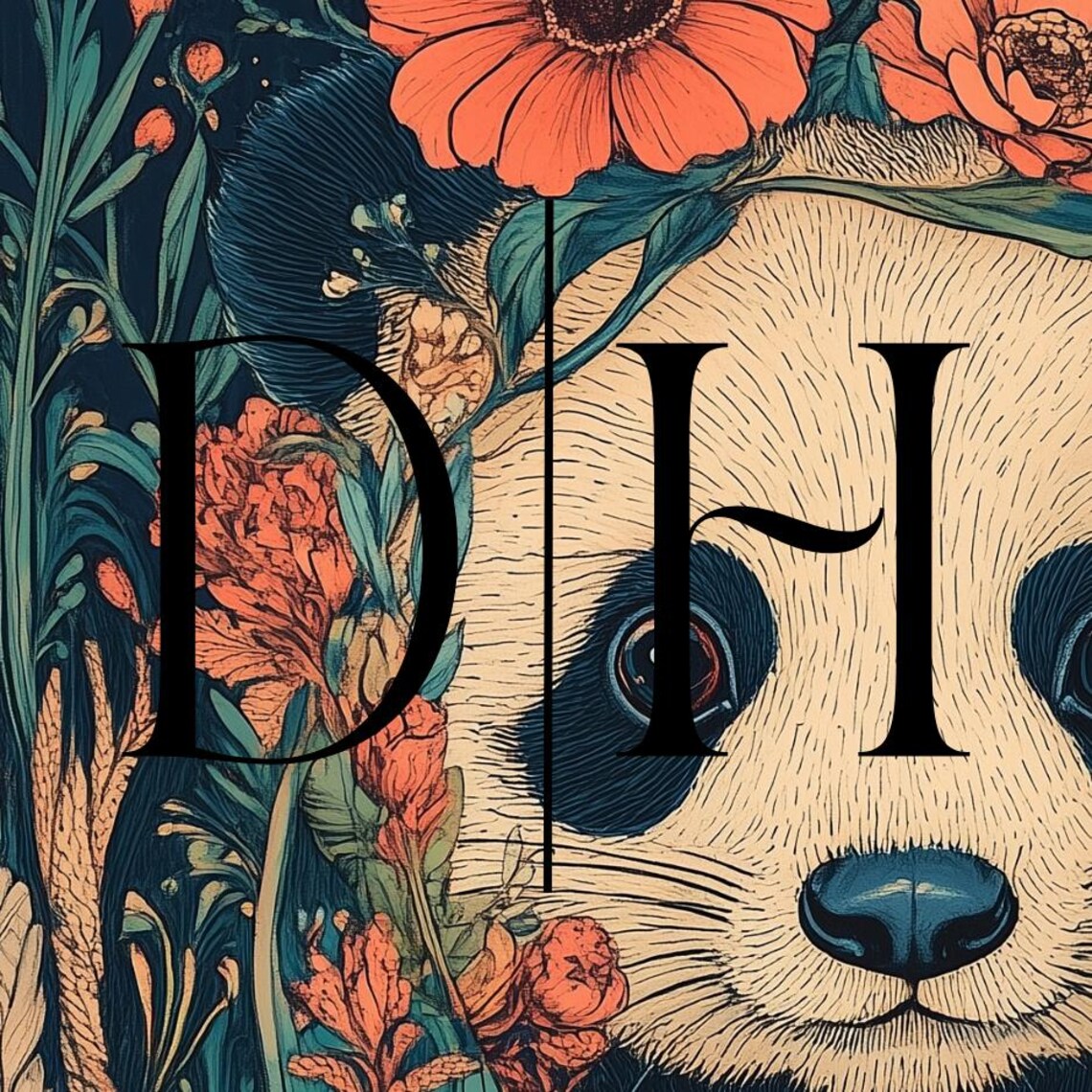 Giant Panda Face Among Orange Wildflowers Dark Botanical Art Poster - Image 3