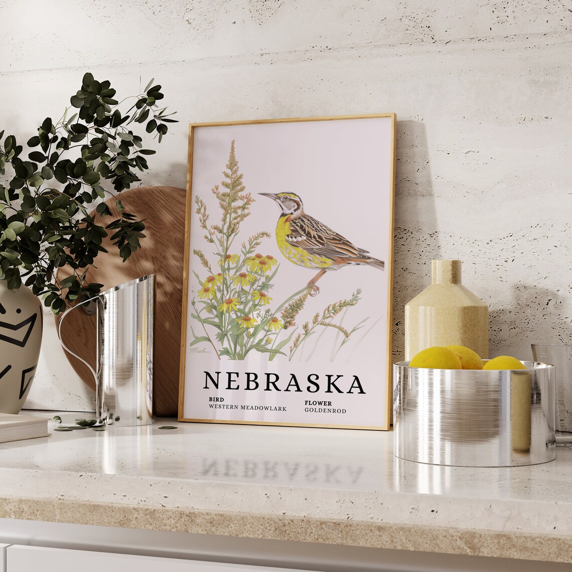 Nebraska Western Meadowlark Goldenrod Bird and Flower Art Print - Image 2