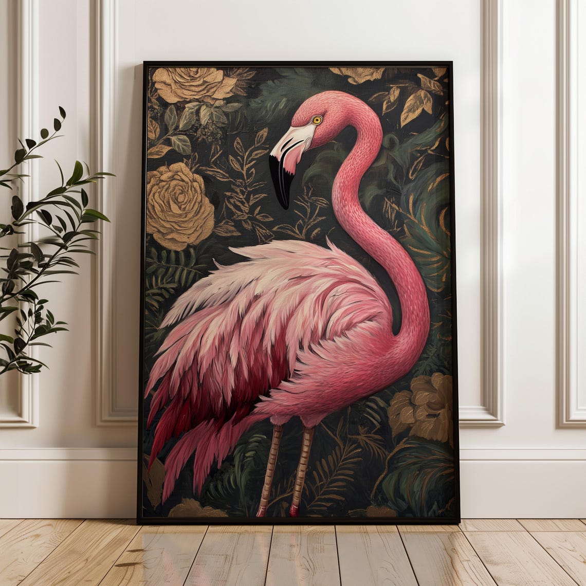 Pink Flamingo Graceful Curved Neck Golden Leaves Dark Tropical Poster