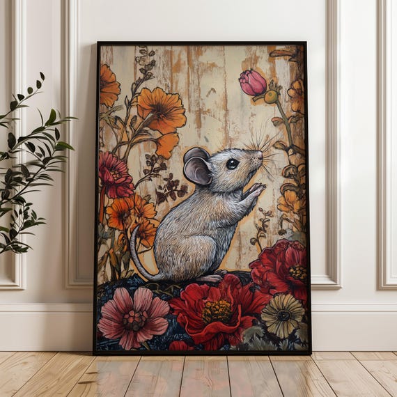 William Morris Inspired Art Print Mouse Wall Decor Rodent Artwork Nature Living Room Cottagecore Bedroom Wall Art