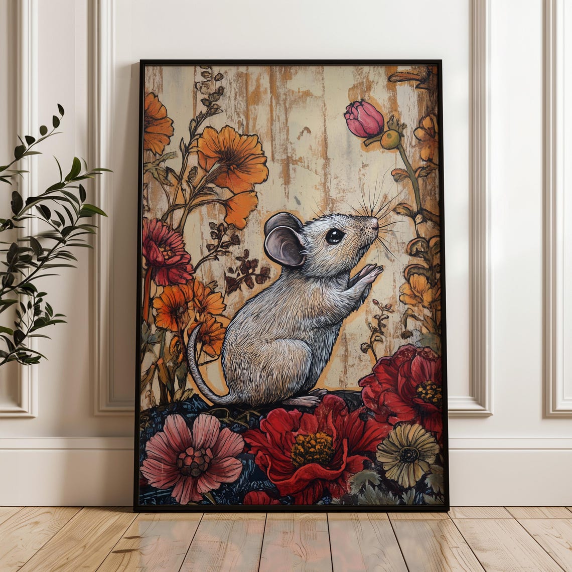 Gray Mouse Sniffing Pink Bud Orange Blossoms Vintage Woodland Poster
