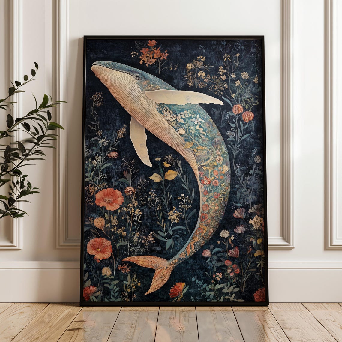 Whale Floral William Morris Inspired Moody Navy Ocean Art Poster