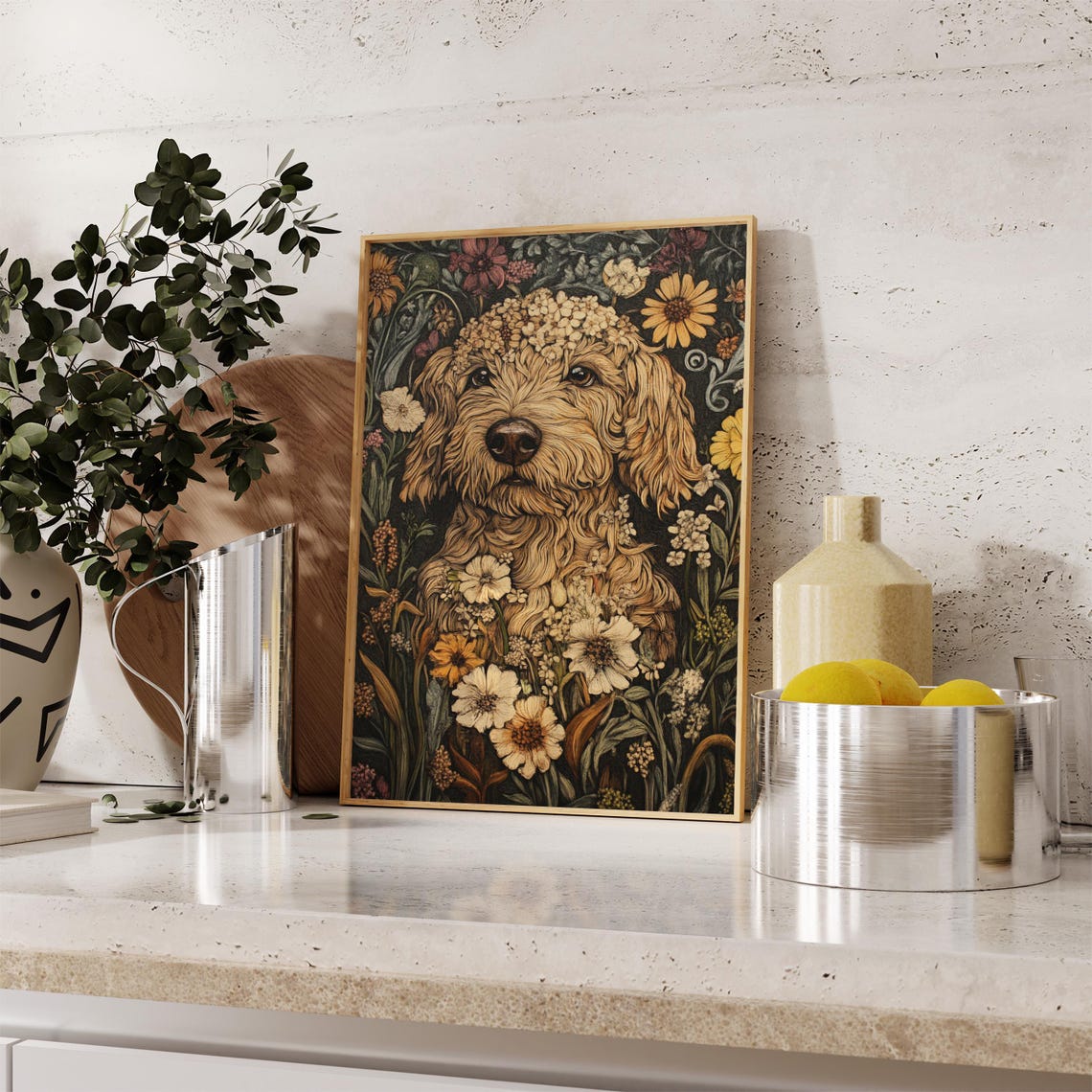 Golden Doodle Dog Flower Crown Cream Wildflowers Dark Meadow Poster - Image 2