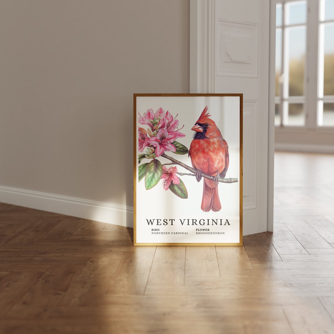 West Virginia Northern Cardinal And Rhododendron Botanical Art Print - Image 3